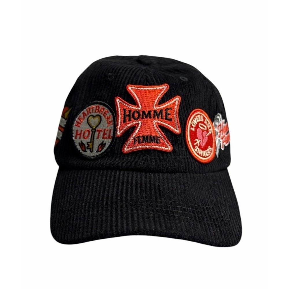 Homme Femme Heartbeat Corduroy Snapback Hat Black Multi Patch Cap
